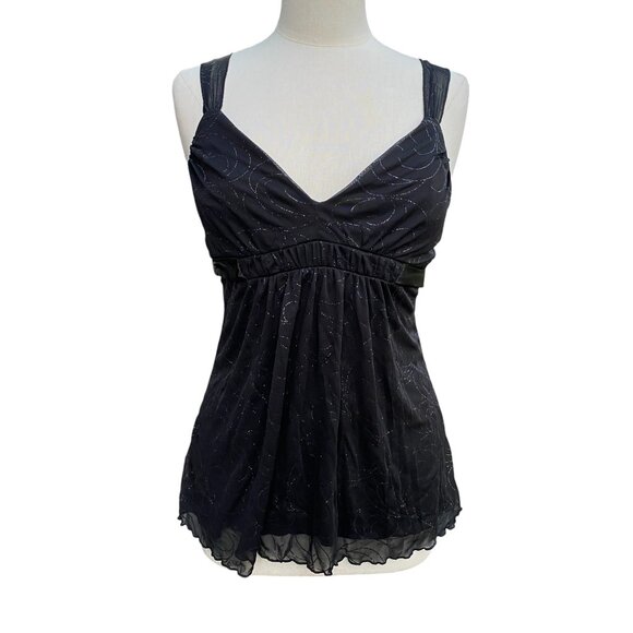 Y2K Babydoll Sheer Mesh Whimsigoth Tank Top Black Shimmer Dark Fairy Grunge-M - Picture 7 of 16
